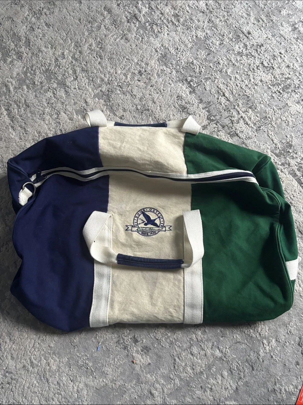 VINTAGE Eddie Bauer Striped Canvas Duffel - Navy, Cream & Green